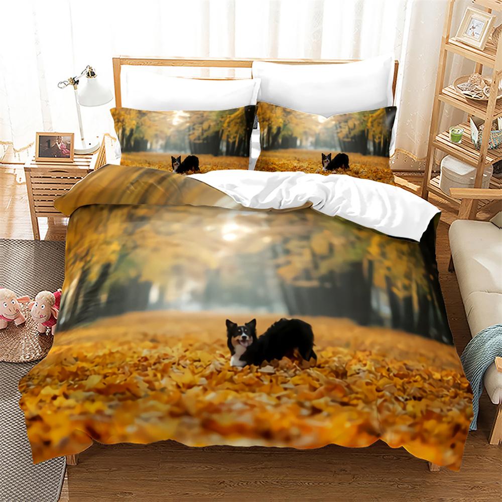 Dog Duvet Cover Set 3D Print Gold Leaves Autumn King Queen Full Size Comforter Cover for Kids Boys Girls Polyester Bedding Set