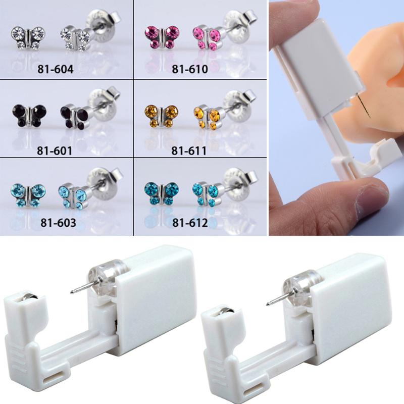 Strumento monouso per piercing all'orecchio in acciaio inossidabile Orecchini Fiore Farfalla Base Sfera con Pietra di Zircone Pistola per Orecchie monouso