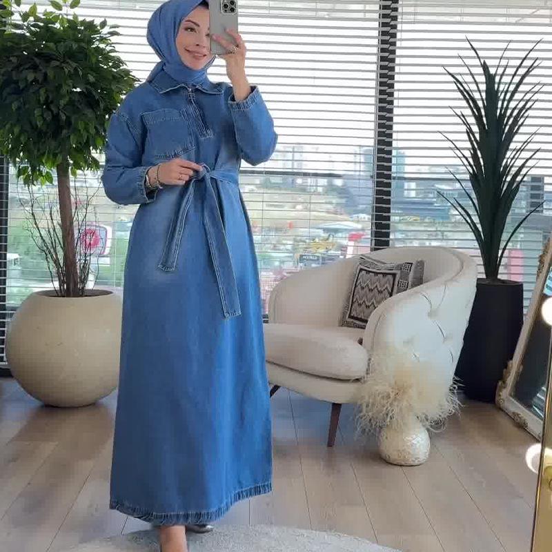 2024 Autumn Mid-Length Denim Dress: Women's Solid Color Turn-Down Collar Casua