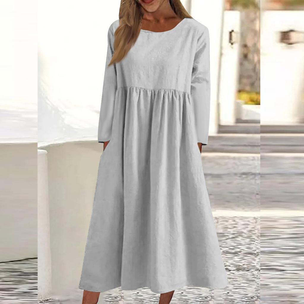 Women's Casual -neck Color Change Mid-length Dress Long-sleeved Dress With Pocket