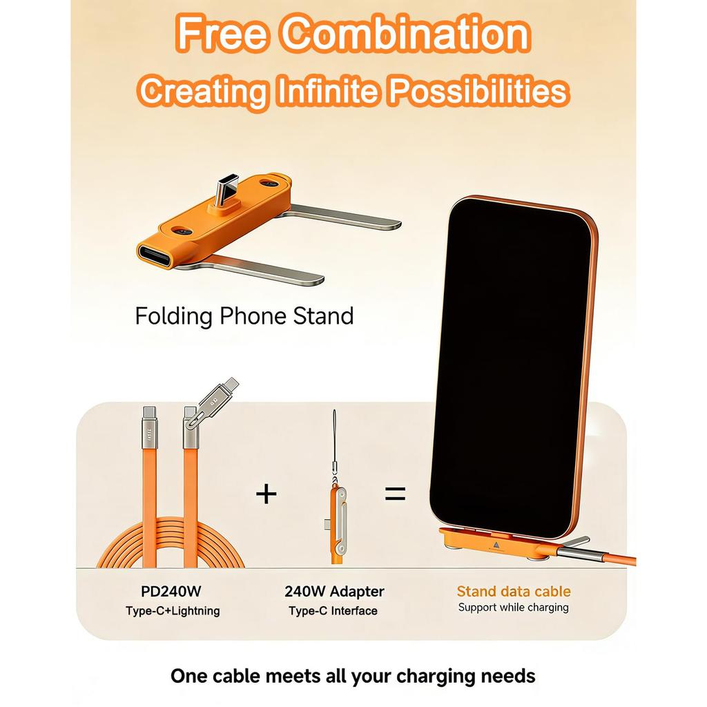240W USB C to USB C Foldable Stand Adapter Data Cable with 360° Holder for Desk Gaming Office Car Travel Right Angle 3