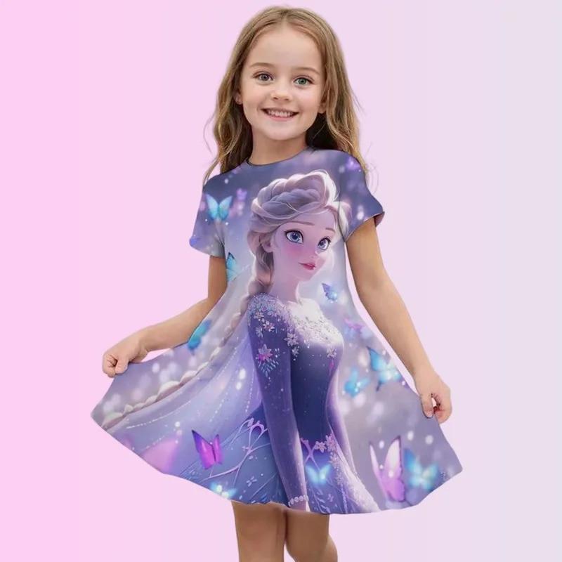Jupe d'été pour filles Frozen Robe à manches courtes Impression 3D Dessin animé Mignonne Princesse Disney Mode Mnso Vêtements respirants Fête
