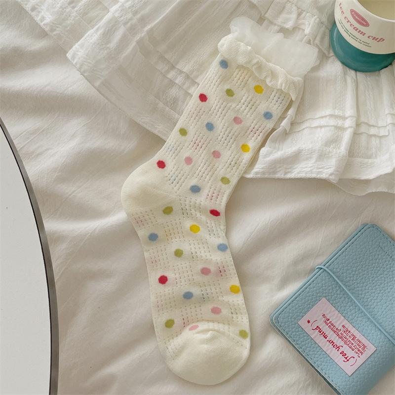 

Women s Summer Thin Cotton Boneless Polka Dot Bow Lace Lace Mid Tube Socks 1 pair