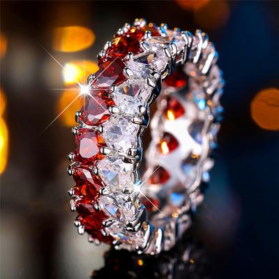 Luxury Female White Green Red Zircon Stone Heart Finger Ring Vintage Silver Color Wedding Band Bridal For Women