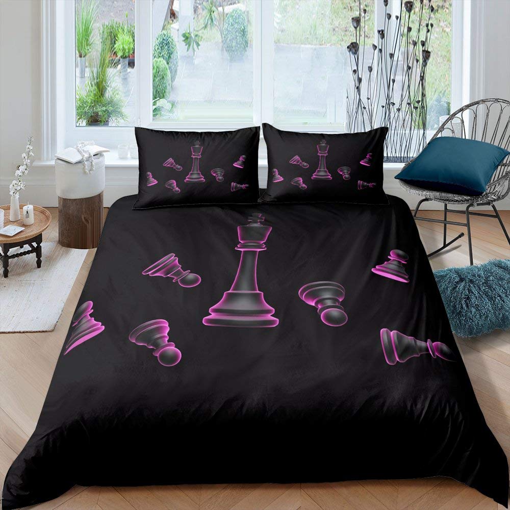 International Chess Duvet Cover Set Queen Size Chess Lovers Bedding Set for Boys Adults Microfiber Black Base 2/3pcs Quilt Cover