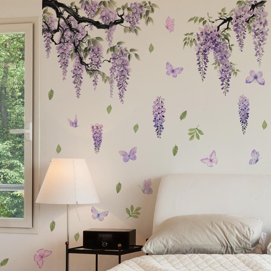 2Pc Wisteria Flower Butterfly Wall Decals For Girls Bedroom Living Room Decor Removable Vinyl Stickers Art Mural Home Decoration
