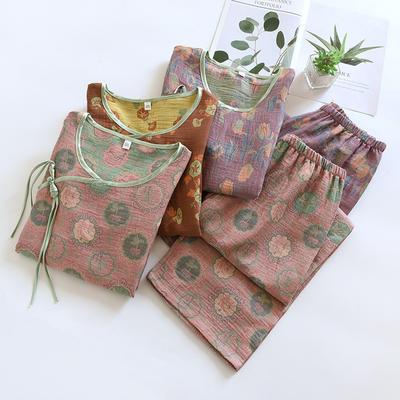 Pajama Women‘s Cotton Gauze Jacquard Seven-point Sleeve Retro Home Service Suit Spring / Summer Loungewear 2 Piece