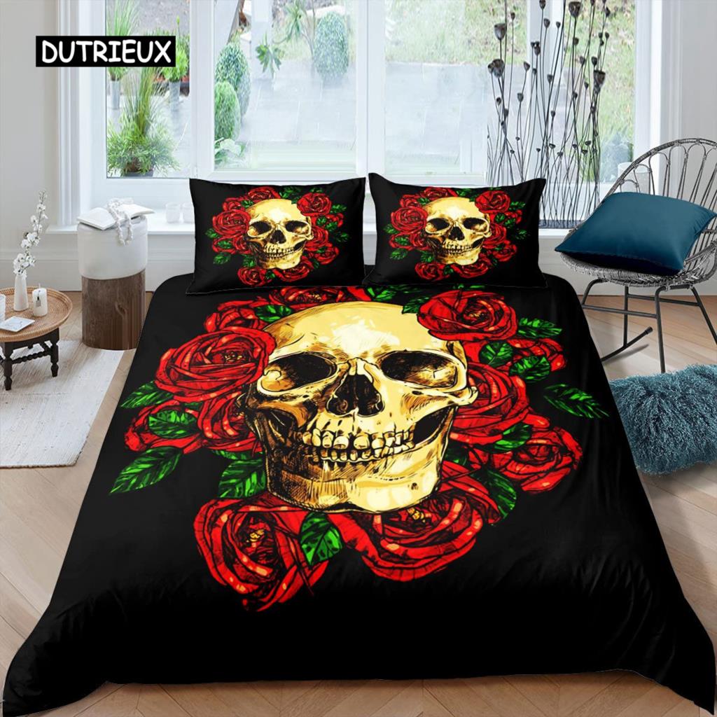 Sugar Skull Duvet Cover for Lover Sweetheart Roses Twin Bedding Set Microfiber Halloween Men Smoke Fog Horror Gothic Quilt Cover