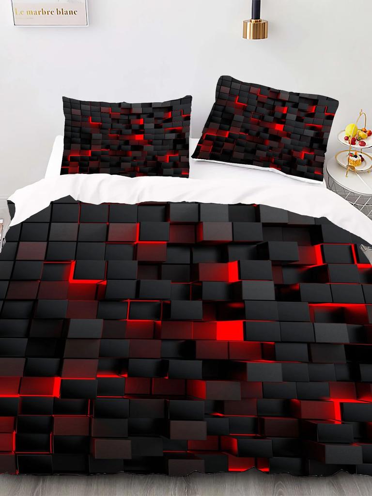 Bettdecke Schwarz-Rot kariert Digitaldruck - Polyester - Schlafzimmerdekoration - 1 Bett + 2 Kissen (Kein Kissenkern)