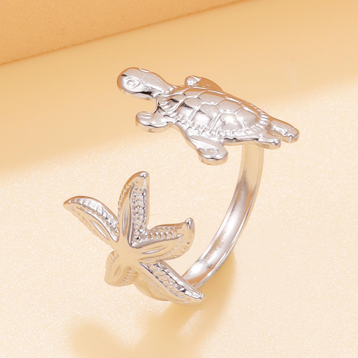 Stainless Steel Starfish & Sea Turtle Ring - Casual Resort Ocean Series, Women s Non-fading Jewelry