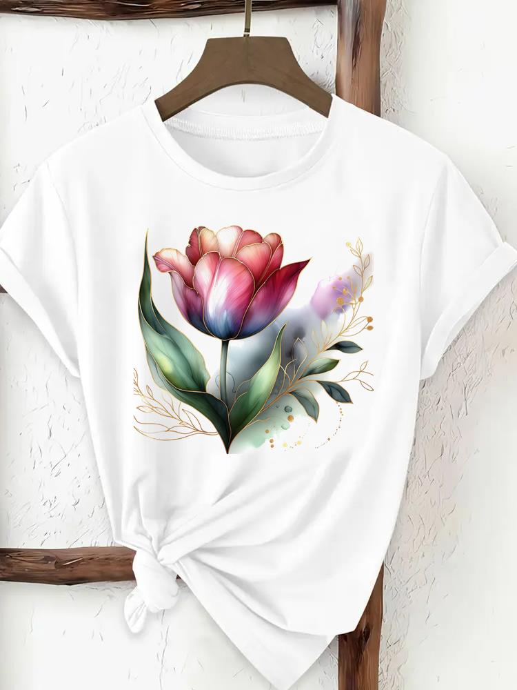 (Asian Size) Watercolor Flower Floral Women Clothing T Shirt Woman Print Tee Top Fashion Female Short Sleeve Graphic T-shirts