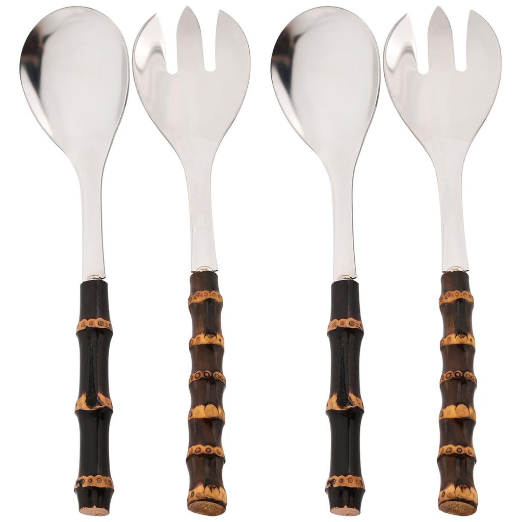 2/4pcs Bamboo Handle Dinnerware Set Salad Fork Spoon Cutlery Set Mirror Stainless Steel Flatware Western Home Kitchen Tableware