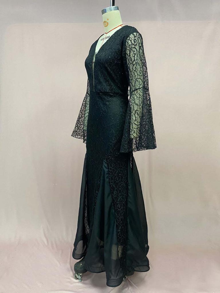 Elegant 2025 Black Lace Embroidered Fishtail Evening Dress for Women