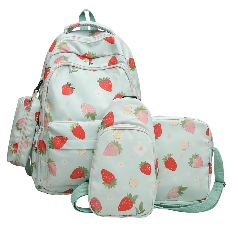 Four-Piece Strawberry Schoolbag Travel Backpack Women's Large Capacity Printed Backpack for Students