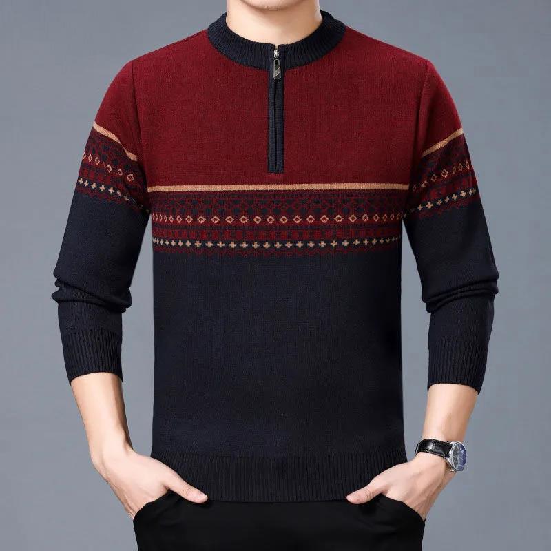 

Мужской свитер с круглым вырезом, осень-зима, бархатный толстый теплый пуловер, трикотажная полосатая рубашка с половиной молнии, нижнее белье для среднего и пожилого возраста M