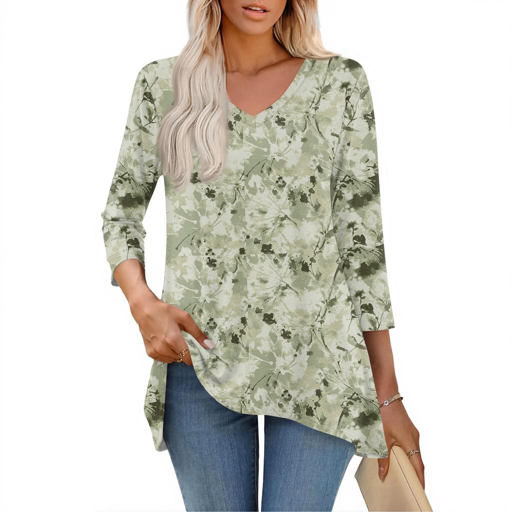 Dámské topy s výstřihem do V a 3/4 rukávem, ležérní košile střední délky, módní tuniky s potiskem