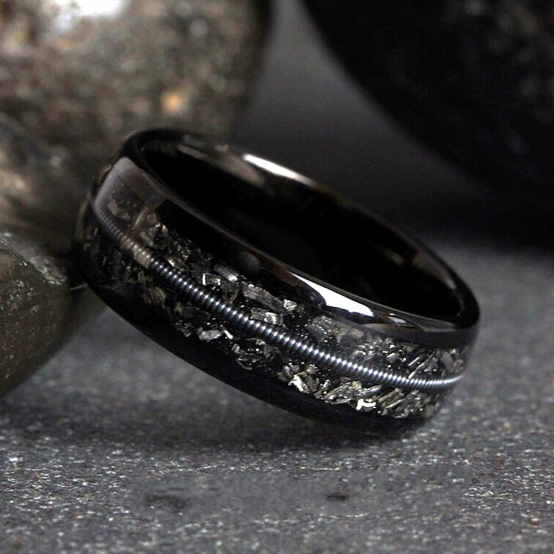 

Men s Fashion Black Guitar String Pattern Three Groove Ring Trendy Personalized Finger Ring Jewelry 7