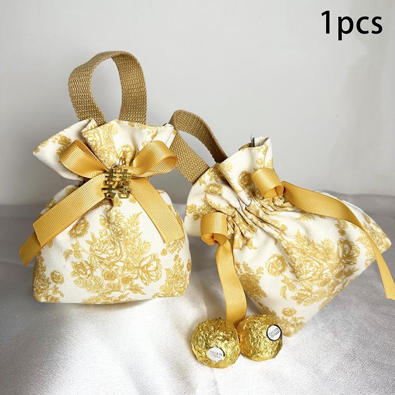 1PC Flower Printed Drawstring Candy Pouch Bag, Handle Bag Gift for Wedding Party
