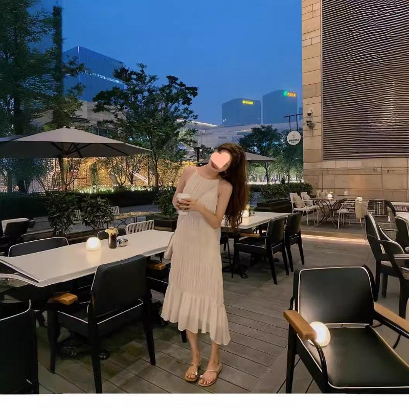 

Женские летние элегантные пляжные плиссированные свободные повседневные длинные платья с лямкой на шее S бежевый