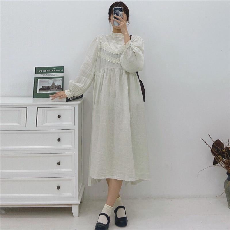 Johnature Women Emboridery Floral Vintage Linen Loose Dress Autumn Solid Color Ruffles Full Sleeve Female Dresses