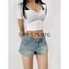 Summer New Product Women's Clothes American Washing Effect Straight-leg Side Arc Slit Design High Waist Denim Shorts