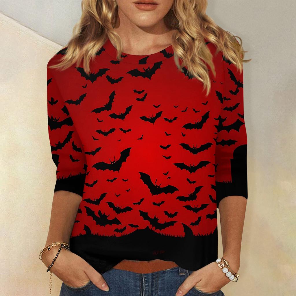 Women's Fashionable Casual Three Quarter Sleeve Halloween Printed Collar Pullover Top