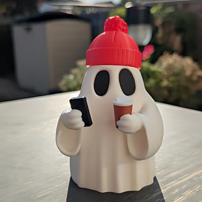 Yousheng Halloween Ghost Figurine Cute Ghost Holding Phone And Cup Statue Small Ghost Tabletop Ornament for Halloween Home Decor