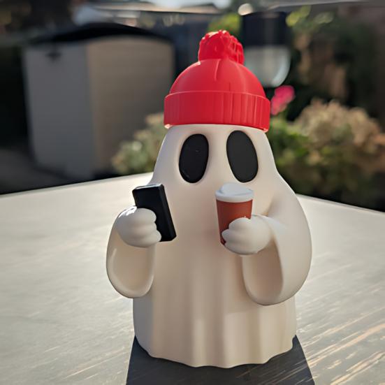 Halloween Ghost Figurine Cute Ghost Holding Phone And Cup Statue Small Ghost Tabletop Ornament for Halloween Home Decor