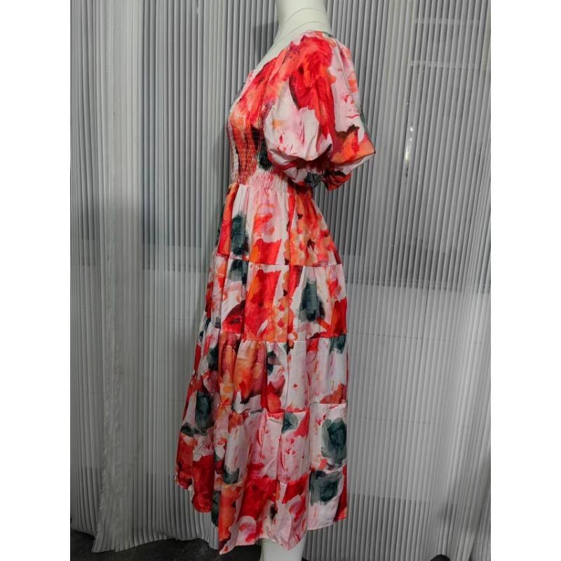 Women's Fashion Summer Spring Flower Pattern Print Short Sleeve One Shoulder High Waist Casual Dresses