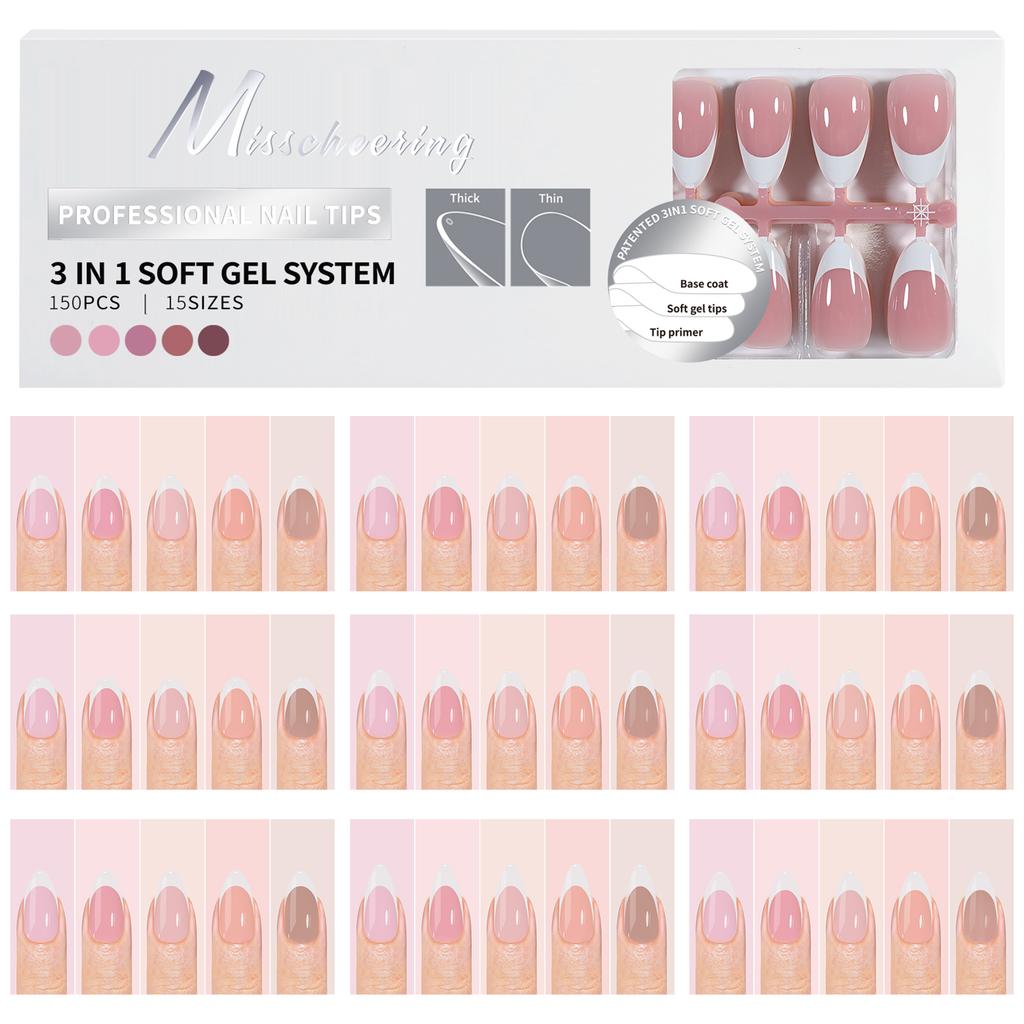 150Pcs Almond Press On Nails 3 in 1 Soft Gel Tips 5Colors Full Cover Fake False Extension Capsule Sculpted Tip Salon DIY
