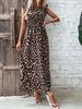 Elegant Leopard Print Women's Dress: Pleated Waist, Round Neck, Short Sleeve, Long Length