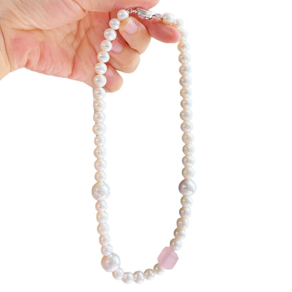 925 Silver Natural Freshwater Pearl Powder Crystal Design Necklace Clavicle Chain