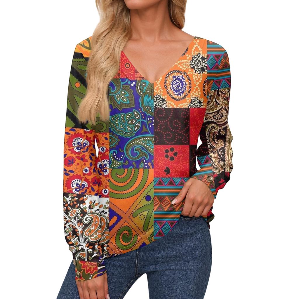 Damenoberteile Langarmmanschetten Button-Up-Hemd V-Ausschnitt Lässiges Lockeres T-Shirt Blumenoberteile