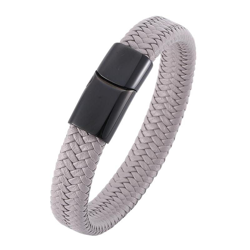 Punk Gray Leather Bracelet Men Stainless Steel Clasp Bangles Men's Bracelets Wristband Jewelry Gift