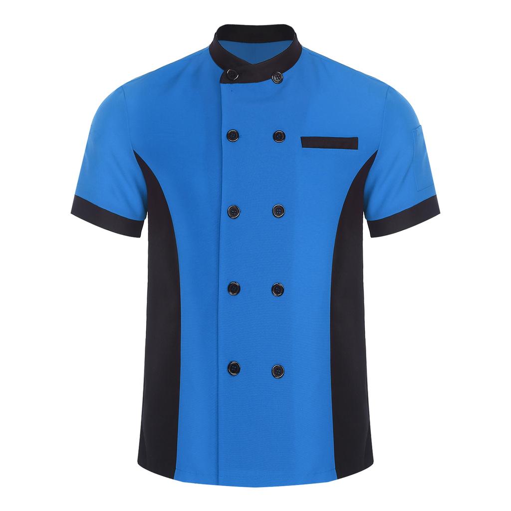 Unisex Kitchen Uniform Short Sleeve Color Block Chef Jacket Cook Coat Men Women Work Top