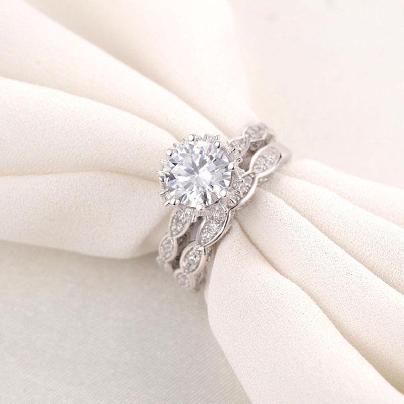 Style Round Antique White Sapphire Silver Plated Engagement Crown Set Ring