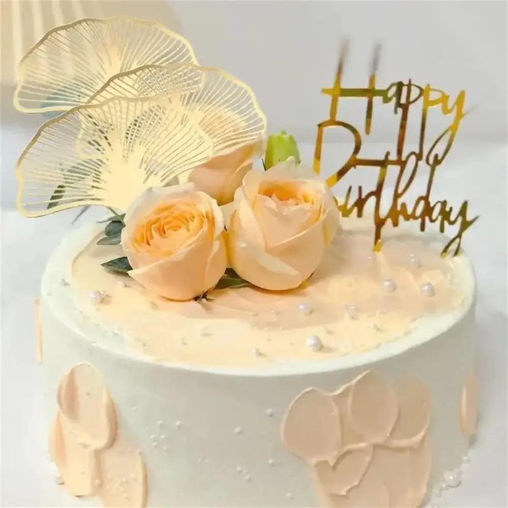 New Acrylic Gold Ginkgo Leaves Cake Topper Happy Birthday Cake Topper Baking Accessories Party Supplies Cake Decorating Tool