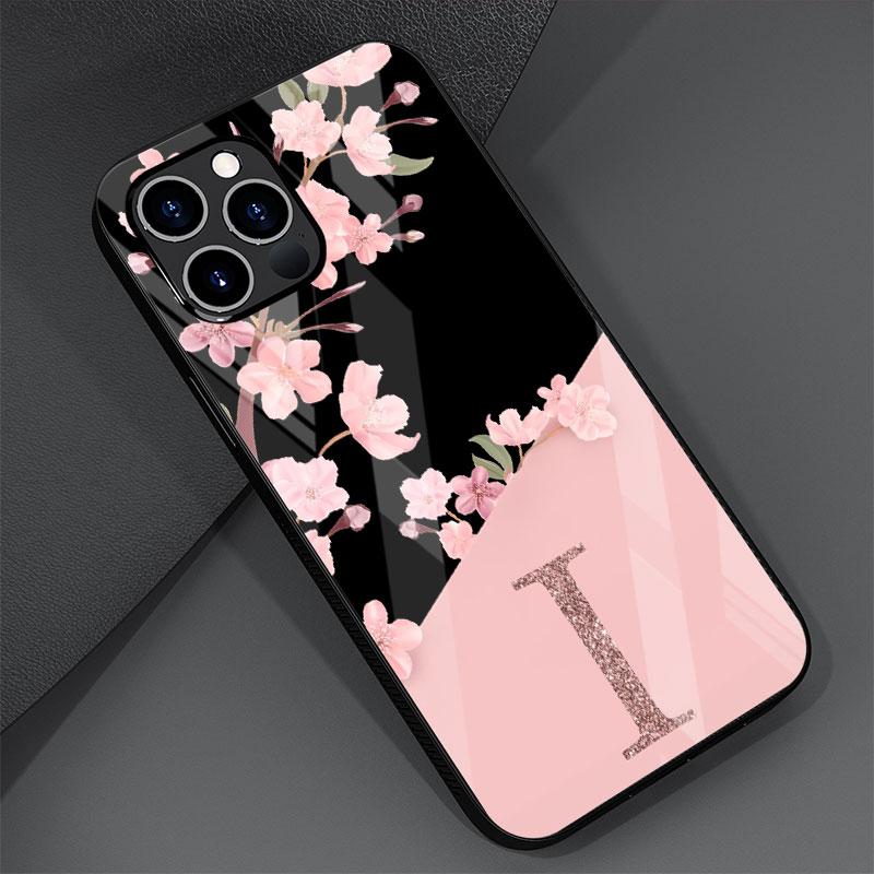Custom Cherry Blossom Flower Initial Glass Case For Apple iPhone 14 13 Pro 11 12 7 8 Plus SE 2022 XR X XS Max 6 6S Phone Cover