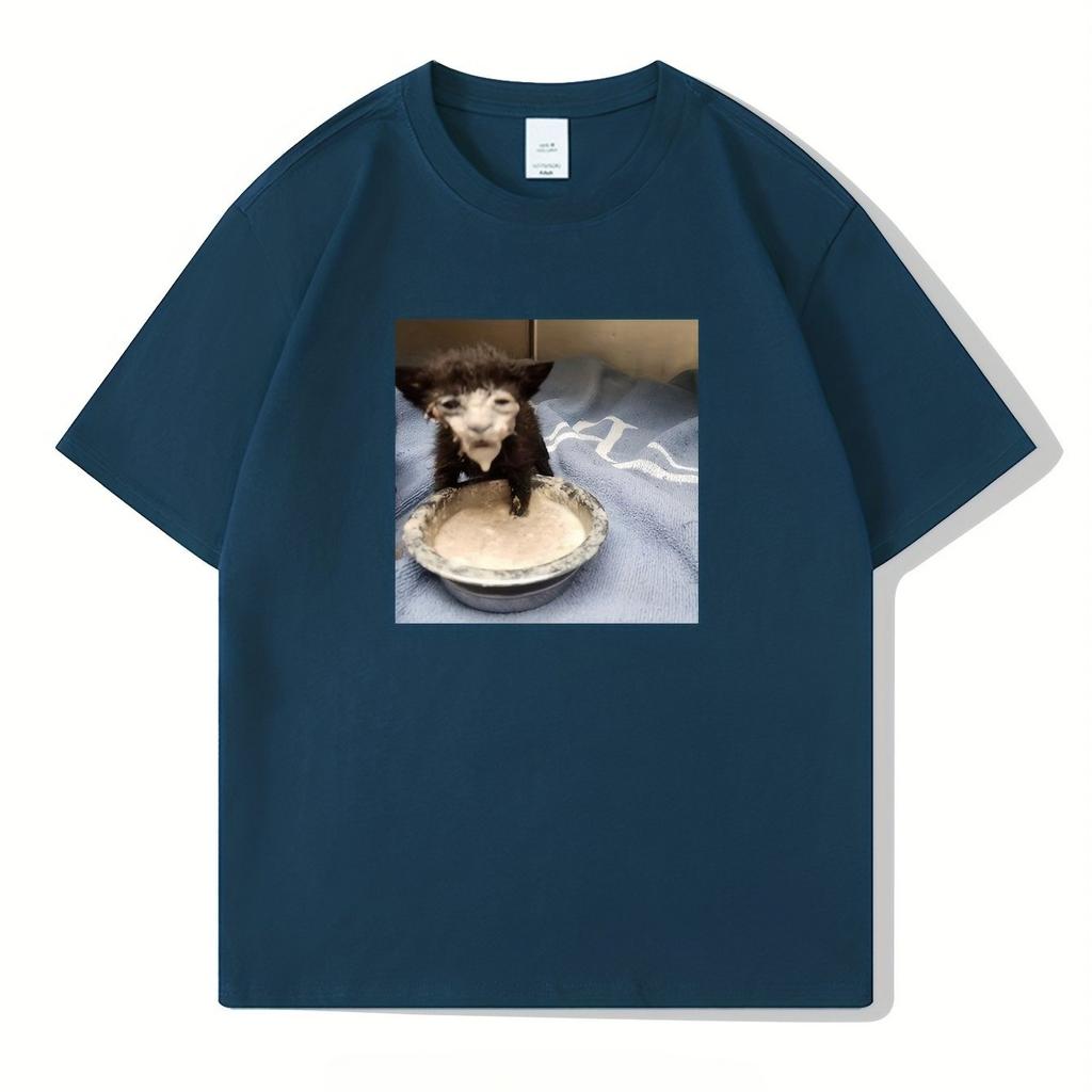 Men Cotton Casual Short Sleeve T-Shirt with Cute Kitten Ice Cream Cartoon Print Summer Round Neck Tee Machine Washable