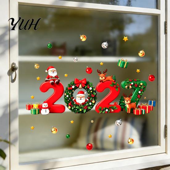Santa Claus Reindeer Stickers 2027 Christmas New Year Window Clings, Gift Ball Static Holiday Party Decorations Decals, PVC Removable Glass