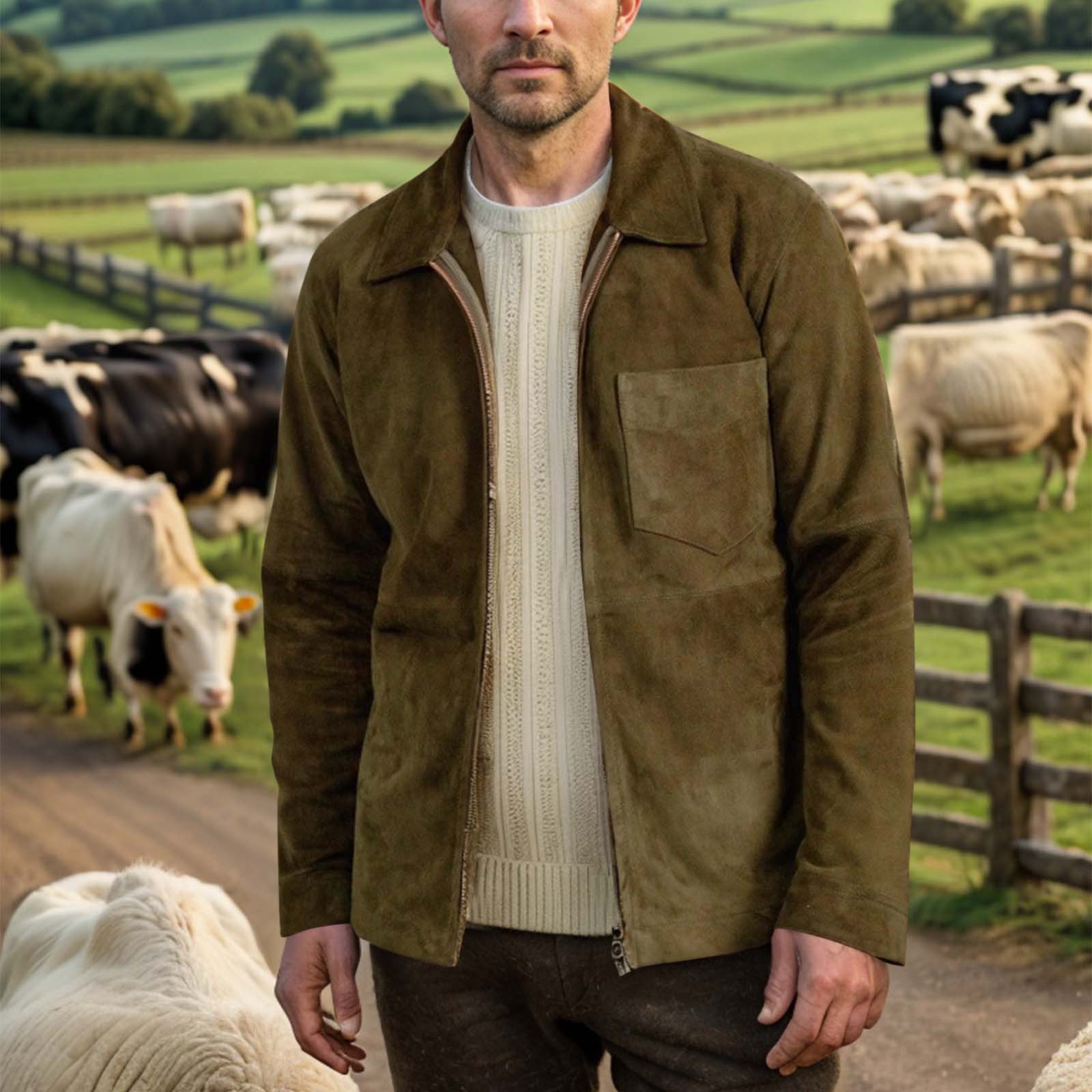 

Men s Solid Color Suede Casual Slim Fit Jacket With Pockets Lapel Zipper L