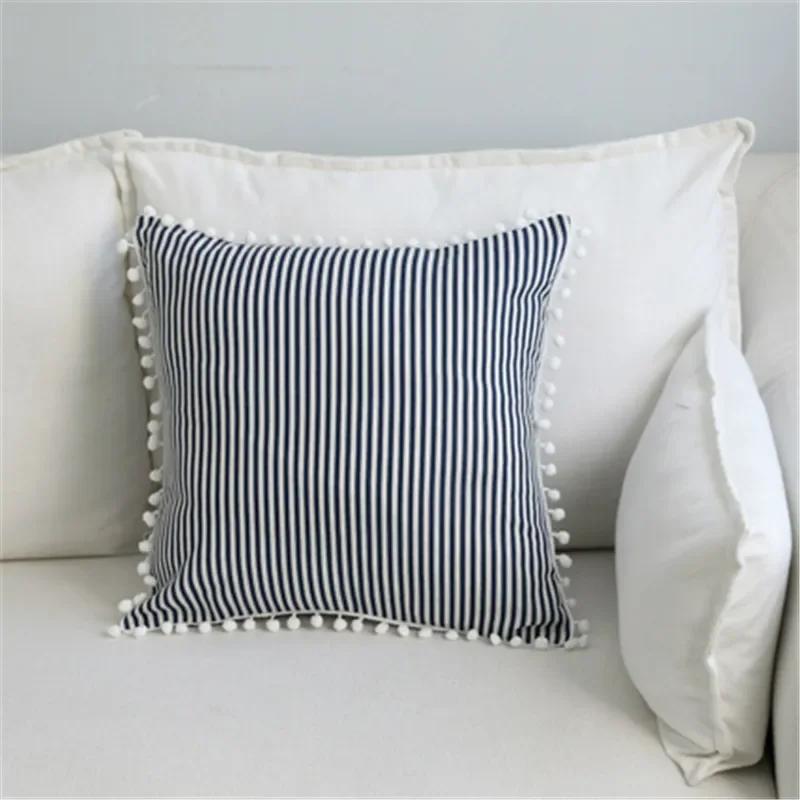 45x45cm Classic Striped Living Room Sofa Cushion Cover With White Ball Cotton Throw Pillow Case Home Decoration