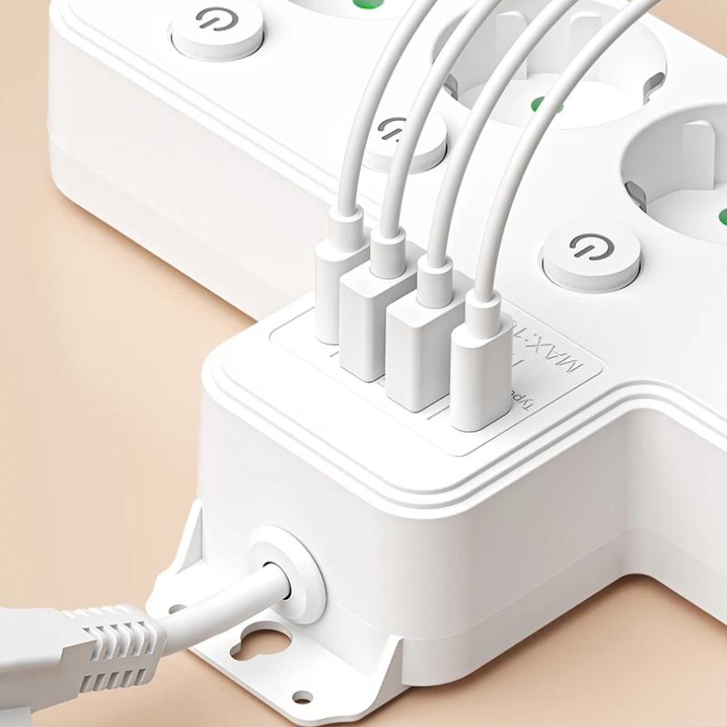 EU Power Strip – 5 AC Outlets with Independent Switches, Optional USB/Type-C