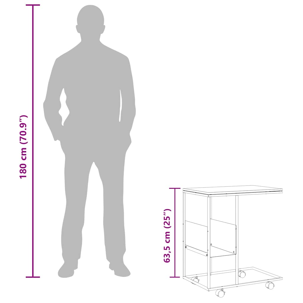 Side Table with Casters Black 55 X 36 X 63.5 Cm Engineered Wood