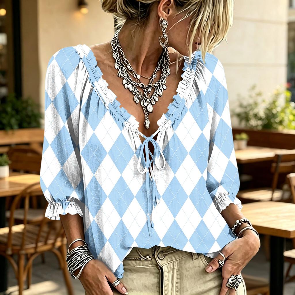 Women's Casual Print Ruffle V-Neck Tie-Front Top for Everyday Wear