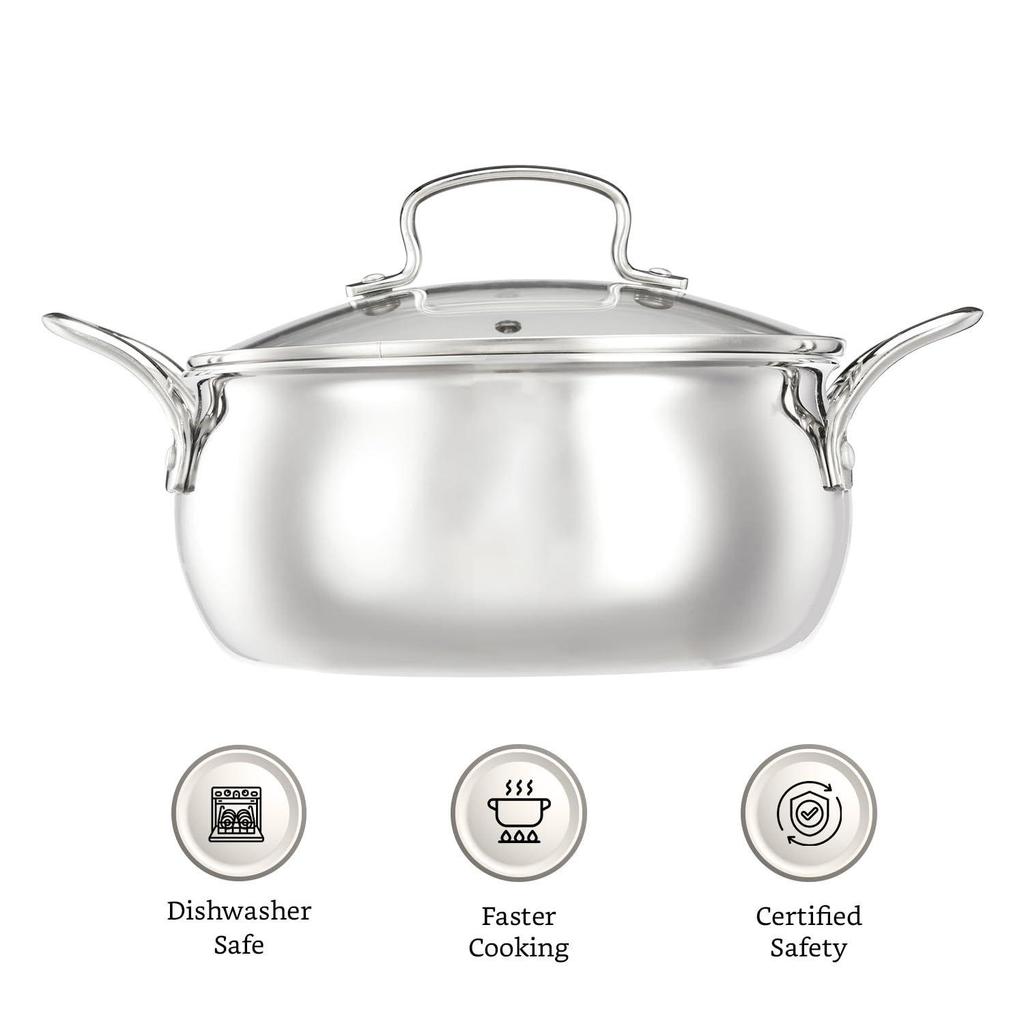 Triply Handi 20 Cm with Glass Lid | Stainless Steel | Uncoated | 3 Liter | Silver