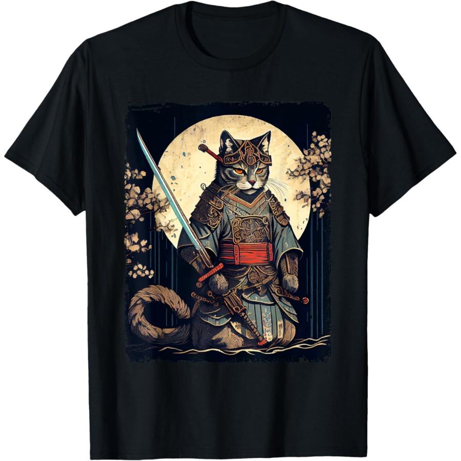 Винтажная футболка с кошкой-самураем Японская эстетика ниндзя Футболка S