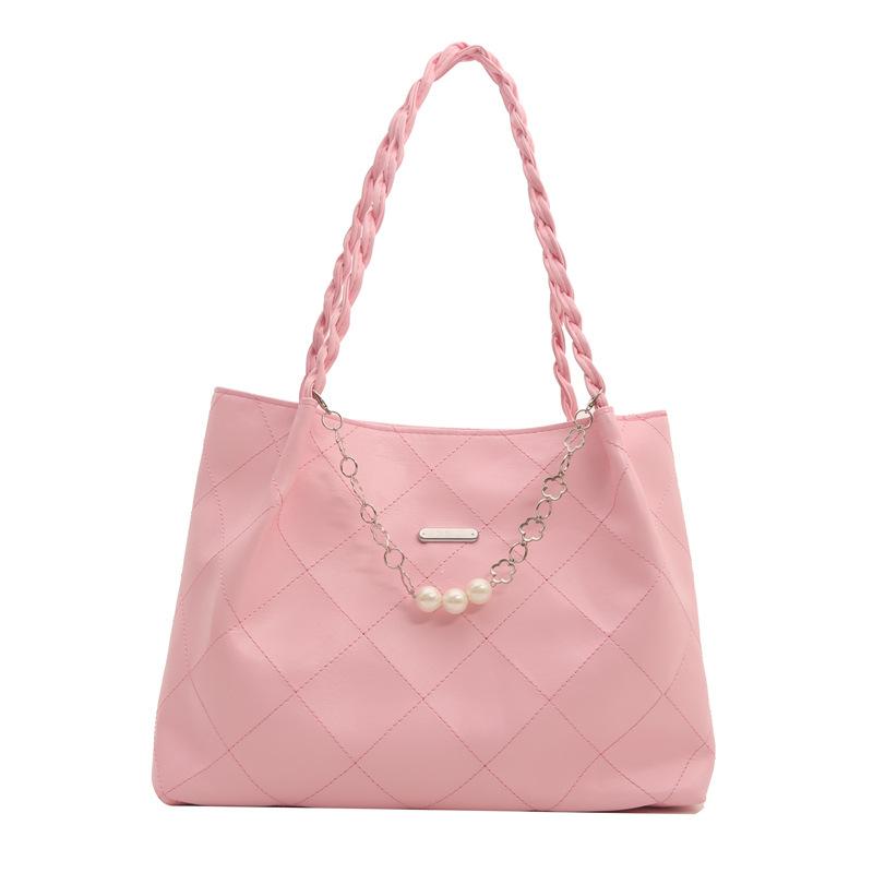 

М яка шкіряна великої місткості ромбовидна вишивка ниткою сумочка 2024 весна нова універсальна ins для поїздок на роботу через плече сумка-тоут рожевий