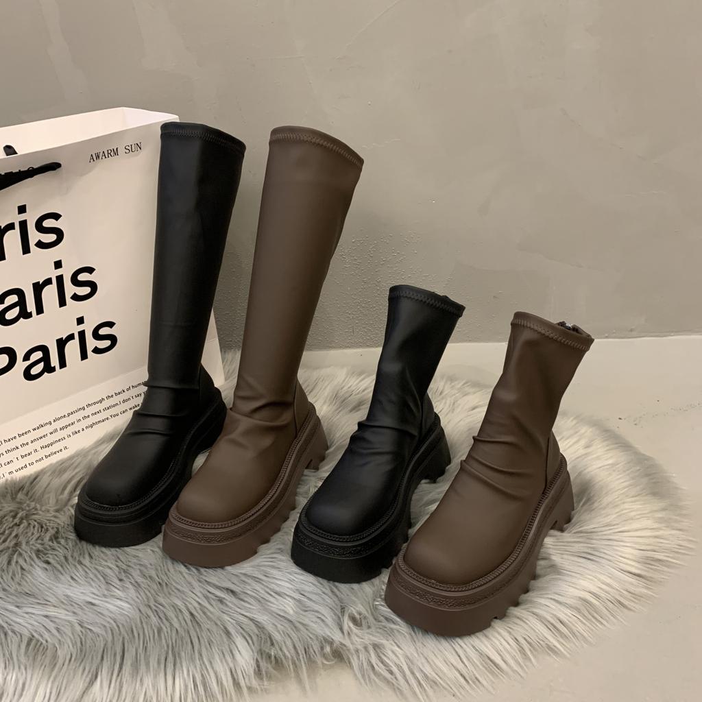 Spice Girl Boots Women's Leather Muffin Thick Bottom Elastic Skinny Boots Small Man Grows Tall Skinny Knight Boots Women's Tide