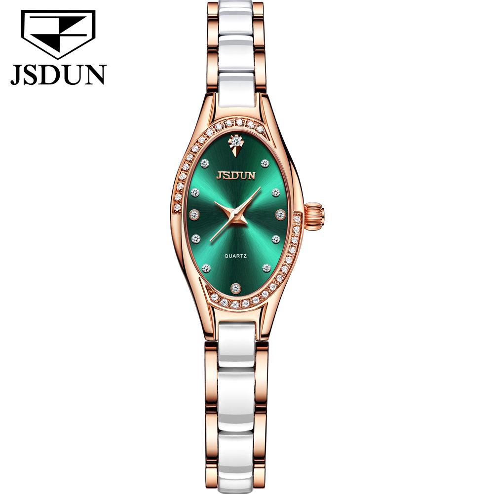 JSDUN Schweizer Quarzuhr für Damen Elegante Luxus-Roségold Keramik Stahlarmband Mode Ovales Diamantzifferblatt Armbanduhren 8842